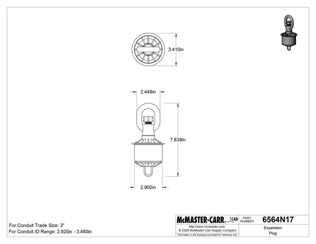 Technical Drawing of Expansion Plug, for Conduit Trade Size 3.